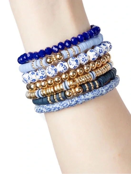 Stackable Blue & Gold Beaded Bracelet Set - Women Jewelry - Picture 2 of 3
